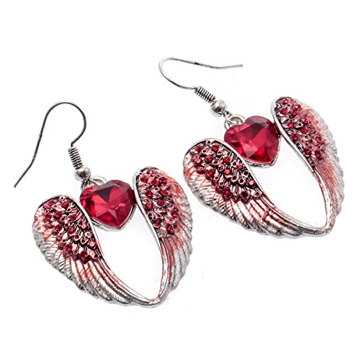 Szxc Women's Crystal Guardian Angel Wings Hypoallergenic Dangle Earrings Biker Jewelry - 2 1/4 inch - color: Red Heart