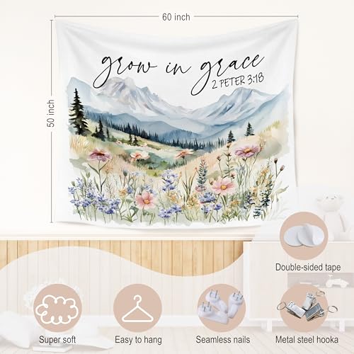 WARDOS Wildflower Christian Tapestry, Grow in Grace Bible Verse Tapestry Wall Hanging, Mountain Scenery Religious Scripture Wall Blanket Decor for Home Bedroom Living Room, 50x60 Inch - color: flower six