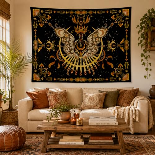 CHDGDHC Butterfly Moth Tapestry, Boho Moon Wall Decor, 39.37x29.92 in - color: Mustard Yellow, size: 39.4"L x 29.9"W