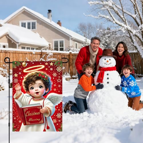 IVN Merry Christmas Angel Garden Flag 12x18 Inch Double Sided - color: Angel Singing with Red Book