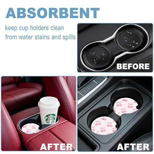 Ceramic Car Cup Holder Coasters Set of 2, 2.56 in Pink Bow Cherry - color: Pink Bow Cherry