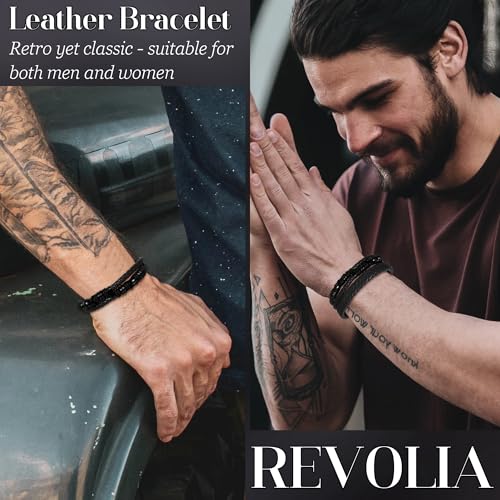 REVOLIA 3Pcs Black Leather Bracelets for Men Women Braided Leather Wristband Cuff Bracelets Multi-Layer Braided Leather Bracelets Set 7.5-9 Inches - color: Black