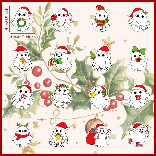 BeYumi Christmas Cute Ghost Stickers - 1000Pcs Christmas Cute Ghost Rolled Stickers in 2 Rolls Xmas Red Santa Hat Boo Adhesive Waterproof Vinyl Decals Holiday Party School Envelope Scrapbooking Decor - style: Christmas Boo