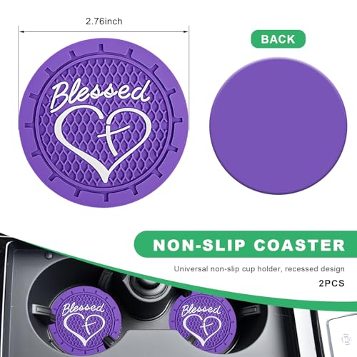 2 PCS Car Cup Holder Coaster, 2.76 Inch Non-Slip Auto Drink Mats with Blessed Cross and Heart, Shockproof Christian Cup Insert Coaster for Most Vehicles, Car Accessories (Dark Purple) - color: Dark Purple