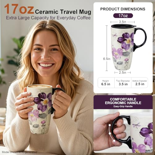 Topadorn 17oz Ceramic Travel Mug with Lid, Tall Purple Floral Coffee Mug - color: purple flower