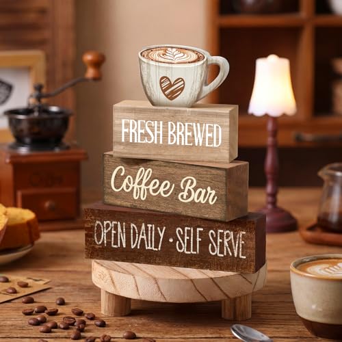 Moucuny 4 Pcs Farmhouse Coffee Bar Signs Decor Wooden Cafe Cup Signs - style: Coffee Bar Coffee Bar