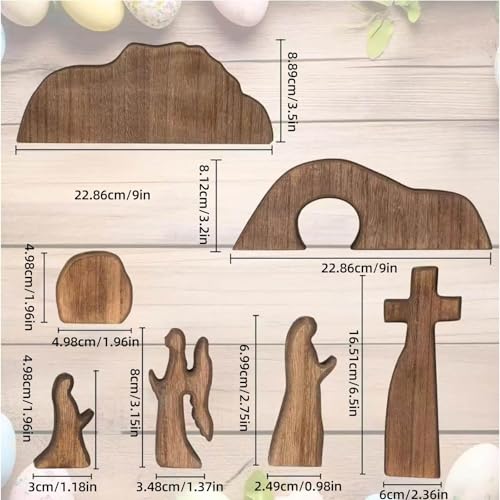 Empty Tomb Easter Scene Decoration – Handmade Wooden Resurrection Cross Set with Figures & Stone, Religious Easter Tabletop Centerpiece for Home, Christian Faith Décor, Spring