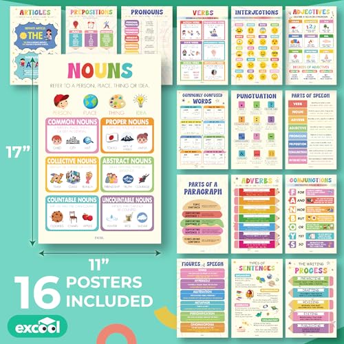 EXCOOL CLUB Parts of Speech Posters, 16 Pc 11x17 Colorful Grammar Set - color: Parts of Speech Colorful, size: 16 pcs 11x17 inch