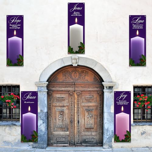 5Pcs 2x6 Ft Religious Church Banner with Scripture Christian Candles Banner for Sanctuary Wall Hope Peace Joy Love Jesus Prayer Flag Welcome Religious Praise Hanging Signs Decor for Holiday Church - size: 2x6Ft