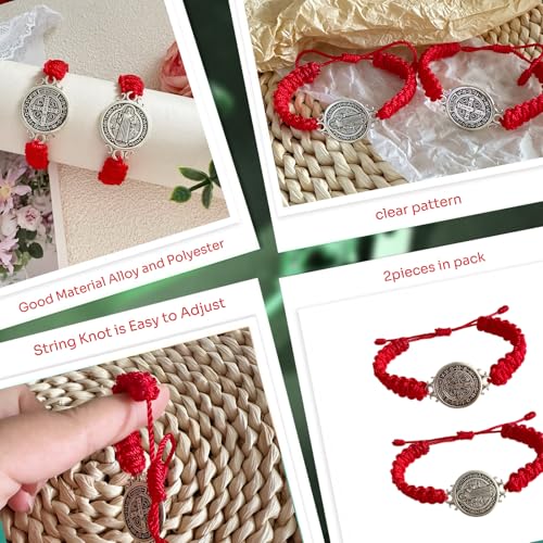2 Pcs Red ST Benedict Bracelets Catholic Rosary Gifts Black Saint Benedict Bracelet Adjustable Blue String Medalla De San Benito Religious Gifts For Men Women - color: Red