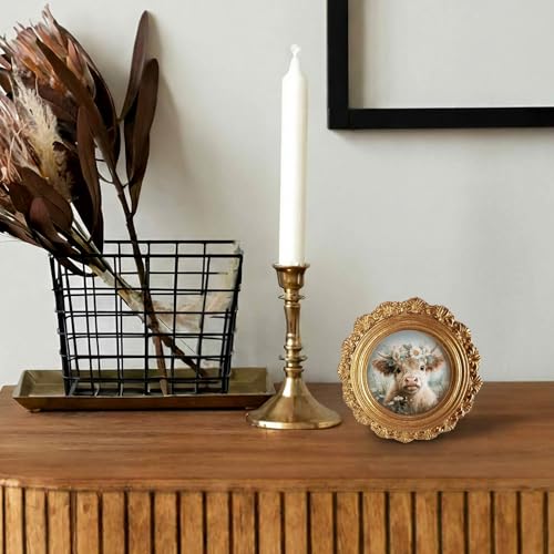 Farmhouse Highland Cow Cattle Round Picture Frame Wall Decor, Rustic Floral Cute Calf Gold Mini Ornate Photo Frame for TableTop 2.7in Photo,Vintage Framed Artwork for Walls Bedroom Cottage - color: calf