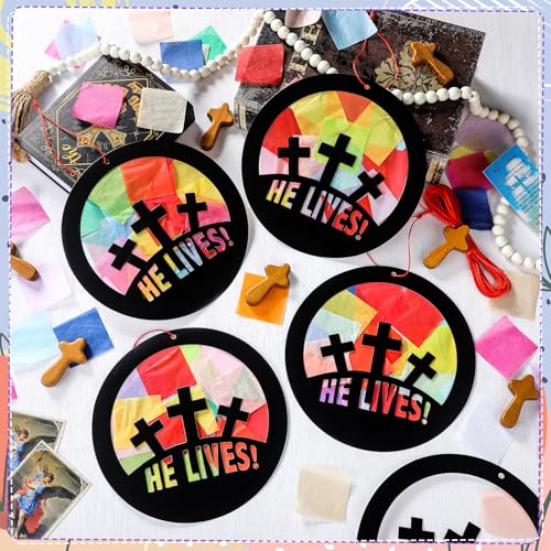 DoubleFill 36 Pcs 36 Sets Suncatchers Crafts Kit DIY Tissue Paper Suncatchers Craft Kit DIY Ornaments for Window Art (He Lives) - style: He Lives