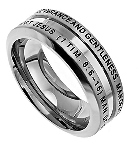 Spirit & Truth Solid Stainless Steel Christian Man of God Ring 1 Timothy 6:6-16, Guy's Purity Ring with Comfort Fit Interior Strong Masculine Appearance