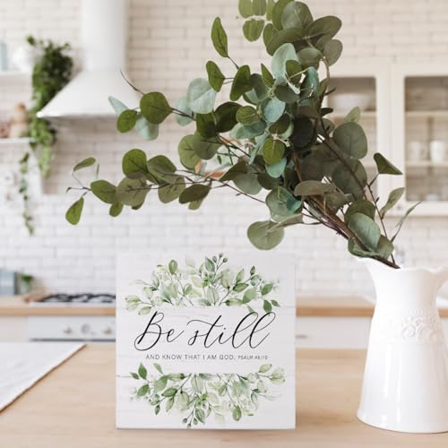 Christian Office Decor, Christian Gifts for Women, Be Still and Know That I Am God Wood Sign Wall Art for Office Desk Accessories, Sage Green Eucalyptus Leaf Christian Home Shelf Decoration, 5x5 - color: Be Still