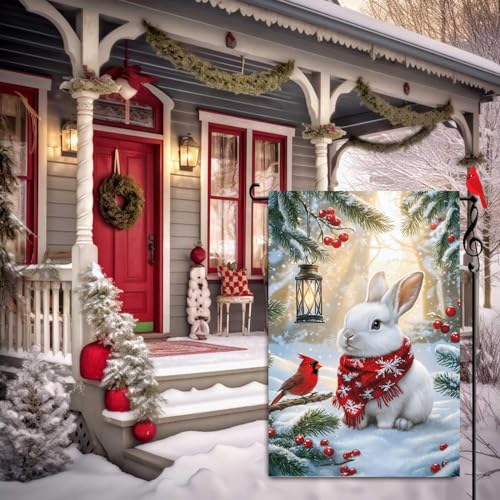 Winter Christmas Bunny Garden Flags 12x18 Double Sided Outside - color: Snow, size: 12x18 Inches