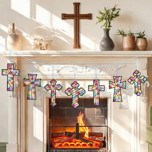 KOPOOEOE 36 Pcs Religious Cross Suncatchers Craft DIY Religious Cross Tissue Paper Arts Crafts for VBS Christian Home Sunday School Classroom Easter Spring Window Art Party Favor Decor