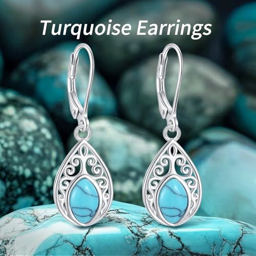 Vito Moonstone Turquoise Drop Earrings for Women, 925 Sterling Silver Hooks - style: Filigree-Turquoise-1