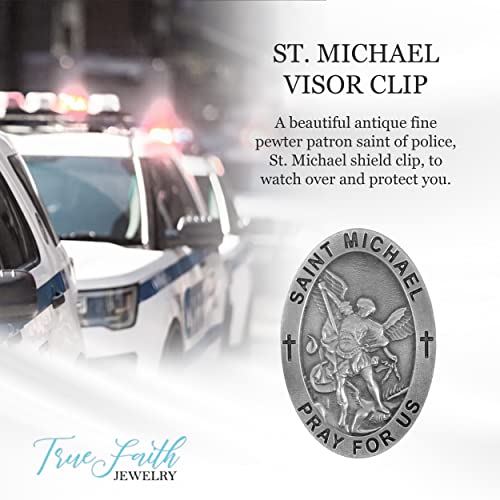 True Faith Jewelry Pewter Oval St Michael Car Visor Clip, Archangel Patron Saint of Police, Law Enforcement Officer Gifts for Men and Women, Fine Pewter (92% Tin), 2 x 1-5/8 Inch - size: St. Michael (Oval)