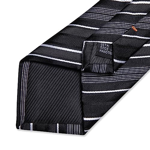 DiBanGu Mens Striped Tie Silk Woven Necktie and Pocket Square Cufflinks Tie Clip Set Wedding Business Formal Gift Tie for Men - color: Black/White