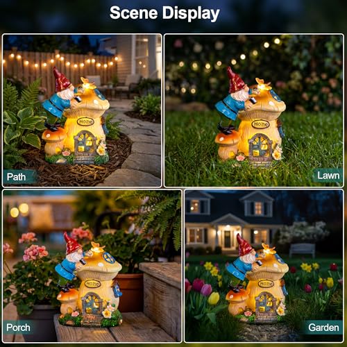 Garden Gnome Statues Figurine Lights - Solar Powered Lighting Outdoor Decorations, Gnome Build Mushroom Fairy House, Yard Art Lawn Ornaments for Porch Patio Balcony - Gnome Gifts for Women Mom - color: Build Mushroom