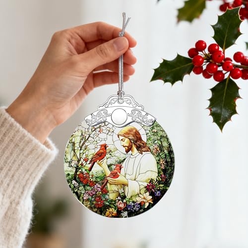 Jesus with Cardinals Ornament, Christian Christmas Ornament, Religious Christmas Decor, Jesus Christ Decoration, Memorial Gift, Christian Gifts, Religious Gifts, Gift Idea - color: Jesus Pattern D