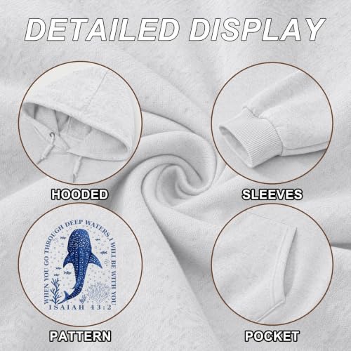 BeWithYou Christian Whale Shark Hoodies for Women Jesus Faith Sweatshirts God Religious Hoodie Bible Verse Graphic Pullover - color: Heather White, size: Large