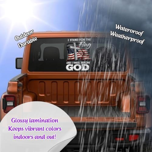 Christian Cross US Flag Car Decal – I Stand for the Flag and Kneel Before God Sticker, Patriotic Religious Vinyl Window Decal for Car Truck SUV Bumper Laptop Mirror, Waterproof – 6.2 x 4.7 Inch