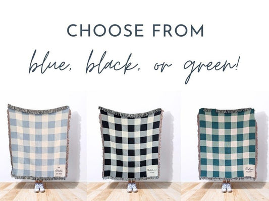 Custom Woven Throw Blanket, Modern Checkered Cotton Personalized Wedding Gift for Couple, Family Last Name Keepsake, Engagement & 2nd Anniversary Present for Newlyweds - color: A1