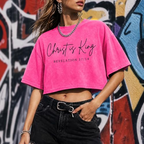 KIEKIECOO Womens Cropped Acid Wash Tshirt Vintage Christian Graphic Crop Tops Tees Oversized Christ is King Faith Gifts Shirt - color: Rose, size: Medium