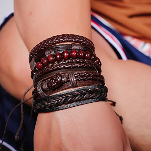 MILAKOO 6 Pcs Braided Leather Bracelet for Men Women Wooden Beaded Cuff Wrap Bracelet Adjustable - color: A: Brown