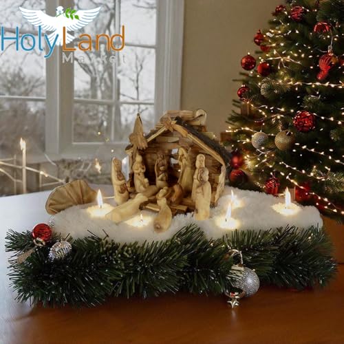Holy Land Market Inspirational Christmas Decorations Indoor Nativity Set - Antique Style Olive Wood Handmade 12-Piece Faceless Nativity, Rustic Stable - Christmas Table Decor - Contemporary Art