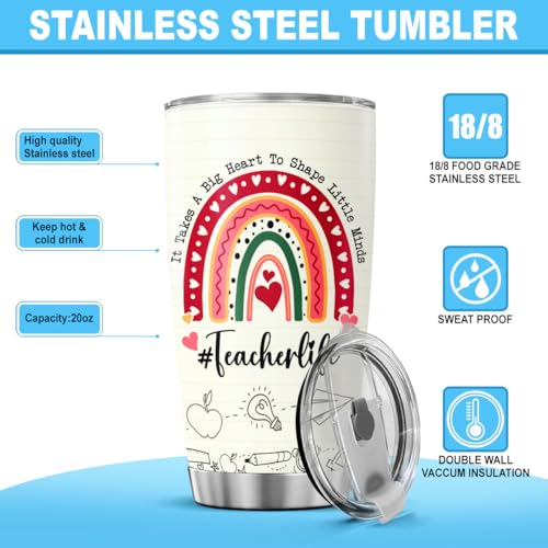 Teacher Appreciation Gift for Women, 20oz Stainless Steel Travel Mug with Rainbow Design and Funny Nutrition Facts, Back to School Thank You Tumbler for Daycare or Preschool - color: Teacher Life Y0