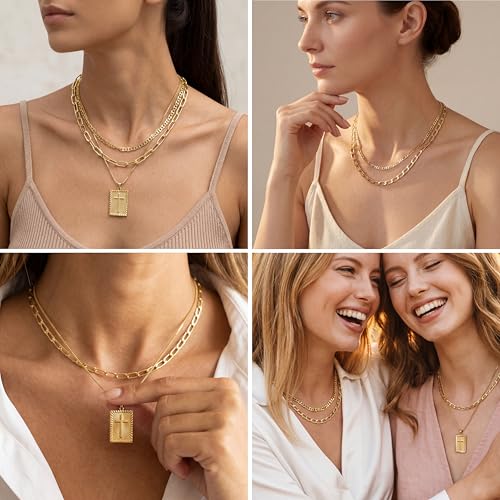 Cross Necklace for Women Girls, 14K Gold Plated Dainty Pendant Necklaces Set, Cute Trendy Faith Christian Religious Everyday Jewelry Gifts Aesthetic Accessories Non Tarnish - color: Triple Layered Box Mix