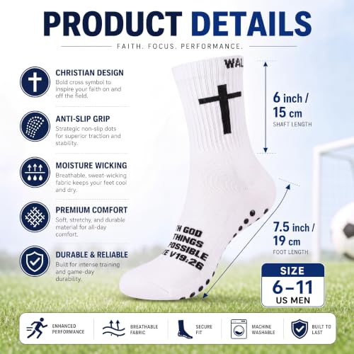 Janmercy 6 Pairs Grip Soccer Socks for US 6-11 Anti Slip Sport Socks with Cross Bible Verse Gift for Men women - color: White