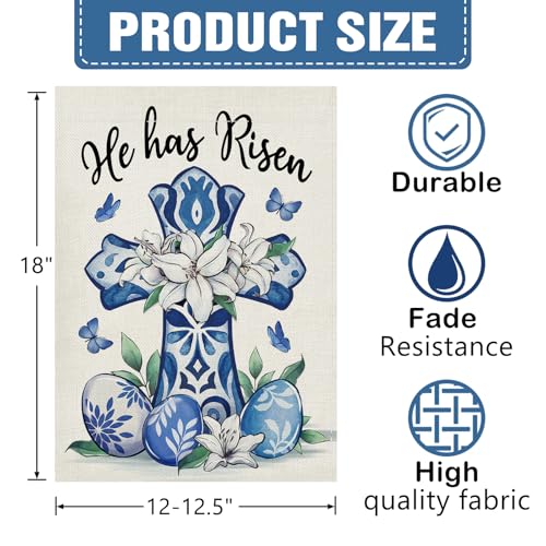 Dyrenson Christian Easter Cross Chinoiserie Decorative Garden Flag - color: Blue White Cross, size: 12" x 18"