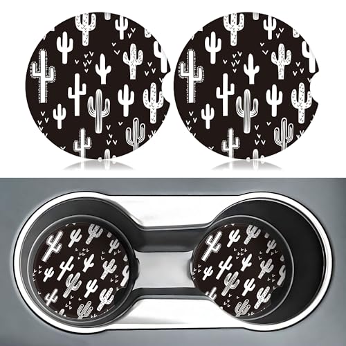 Black White Cactus Car Coasters for Cup Holders,2 Pack Car Cup Holder Coasters for Car,Ceramic Absorbent Car Coaster with A Finger Notch and Cork Base,Car Interior Accessories for Women Men - color: Black White Cactus