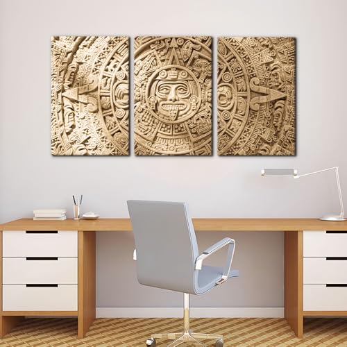 Pacimo 3 Pieces Framed Wall Art Decorations Aztec Calendar Painting Print on Canvas Mayan Civilization Wall Art for Home Office Decor Aztec Culture Modern Artwork Ready to Hang - 16"x24"x3 - color: Wallart-02, size: 16"x24"x3 Panels