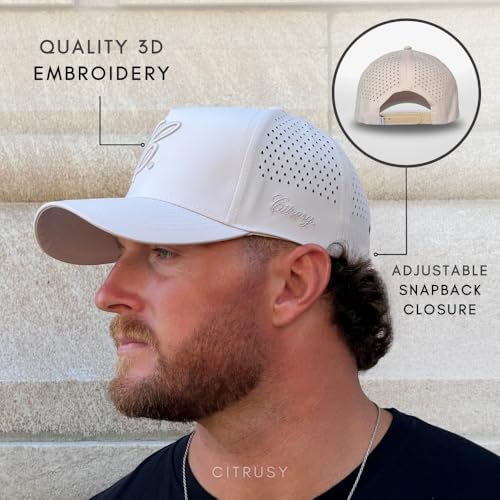 CITRUSY Athletic Trucker Golf Hat | Performance Mens 5 Panel Cap | Cool Breathable Waterproof Workout Running Snapback - color: Signature C. | Sandstone