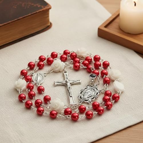 Nazareth Store Pearl Beads Rosary Beaded Necklace Projection Our Father Prayer Medal with Miraculous Centerpiece and Jesus Crucifix NS - color: Red