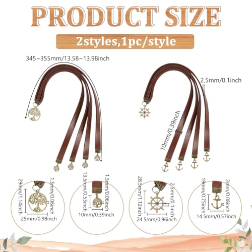 FINGERINSPIRE 2 Styles Leather Ribbon Bookmark 13.7x0.4 inch Cowhide Leather Bookmarks with 4 Ribbon Alloy Anchor Helm Tree of Life Pendant Saddle Brown Leather Bookmark for Women Men Book Lovers - color: Anchor & Life Tree Pendant