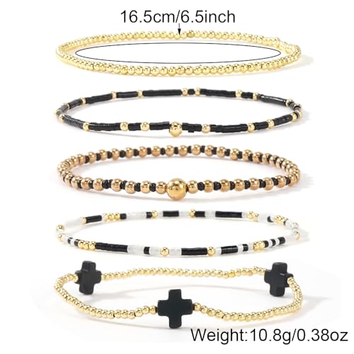 Gold Beaded Bracelets Stack for Women Stackable 14K Gold Plated Beads Ball Cross Bracelet Boho Christian Jewelry Faith Friendship Birthday Gifts for Women - color: Black