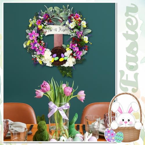 Panelee 18 Inch Easter Wreath for Front Door Cross Wreath Christian Easter Hanging Decorations He Is Risen Religious Artificial Lilies Lavender Eggs Grape Vines Sign for Spring Home Wall Door(Elegant)