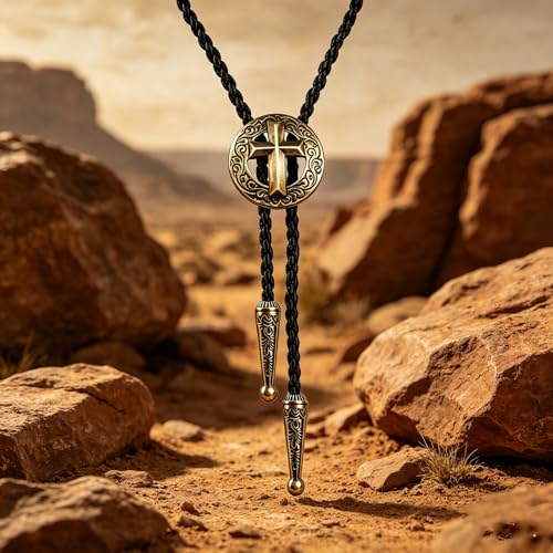 Fashionable Cross Bolo Tie Multi-Color Cross Shield Necktie - color: Retro Gold-style 3