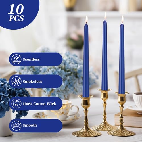 KONNI 0.87×10 Inch Blue Taper Candles, Unscented and Smokeless Tall Candlesticks, 10 Pack Tapered Candles with Cotton Wicks, Long Burning, Ideal for Weddings, Dinner Parties, and Home Décor - color: Blue