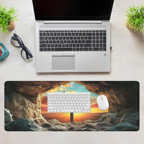 Jesus Cross Hole Mouse Pad Easter Christ Resurrection Faith Large Gaming Mouse Mat with Stitched Edges,Non-Slip Waterproof Rubber Base Mous Mat 31.5x11.8 in - color: Jesus Cross Hole, size: 31.5L x 11.8W inches