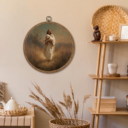 Religious Round Wall Art Decor,10x10 inch The Good Shepherd Christian Wall Art,Vintage Jesus and Lost Lamb Canvas Prints Circular Framed for Home Living Room Bedroom,Easter Christian Gift for Women Mens(Brown-Jesus) - color: Brown-Jesus