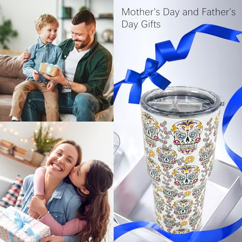 30oz Sugar Skull Tumbler Double Vacuum-Insulated | Keep Drinks 20H Cold/5H Hot, Travel Mug for Camping/Gym/Office, Day of the Dead/Halloween/Christmas Gift - color: White Sugar Skull