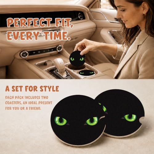 Black Cat Green Eyes Car Coasters, Dark Spooky Gothic Cup Holders, 16 - color: Black Cat Green Eyes