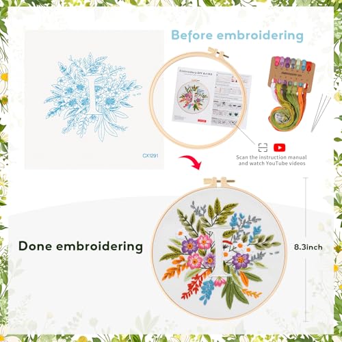 Zerzsy 7.87 '' Embroidery Kits Plant Flower Leaf English Letter Patterns for Beginners Adults, Easy to Learn Cross Stitch Kit for Home Office Decor - color: Letter I