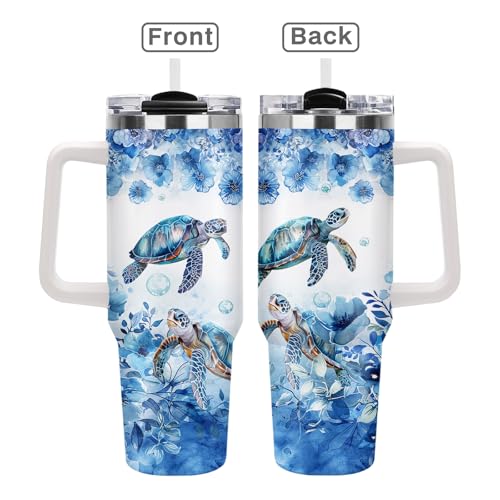 Sea Turtle Gifts for Women, 40oz Ocean Turtle Insulated Tumbler with Straw, Blue Floral Watercolor Marine Stainless Steel Travel Coffee Mug with Handle for Mom Grandma Bestie Birthday Anniversary - color: Sea Turtle-D-62
